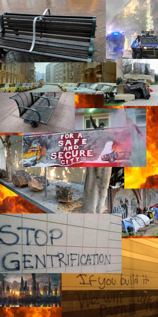 collage of gentrification , hostile architecture, evictions and resistance